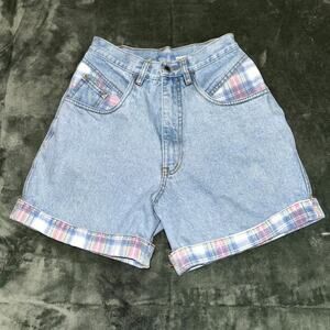 Vintage Rio by Stephen Mardon Denim Shorts Women’s 9 Blue Plaid Trim Cuffed Hem